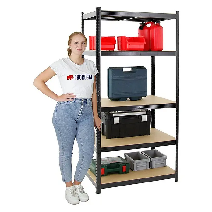 Proregal Eckregal Mega Deal Ragnar - Traglast pro Boden: 175 kg, Anzahl Böden: 5 Stk., Stecken, Schwarz - Regal mit diversen Aufbewahrungsboxen und Behältern aus Kunststoff, ideal für Garage, Werkstatt oder Lagerraum.