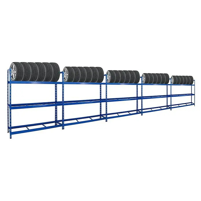 Proregal Reifenregal Mega Deal Tiger XL - Stecken, Blau - Reifenregal mit mehreren Reifen auf zwei Ebenen in einem Lagerhaus.