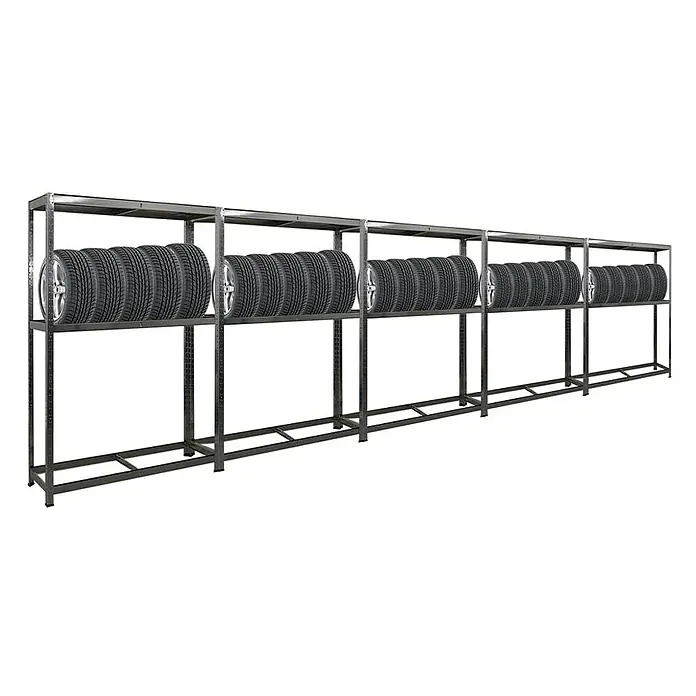 Proregal Reifenregal Mega Deal Ragnar - H x B x T: 180 x 120 x 40 cm, Stecken, Verzinkt - Foto von einem Reifenregal aus Metall mit mehreren Reifen auf jeder Ebene, das eine praktische Lösung für die Lagerung von Reifen bietet.