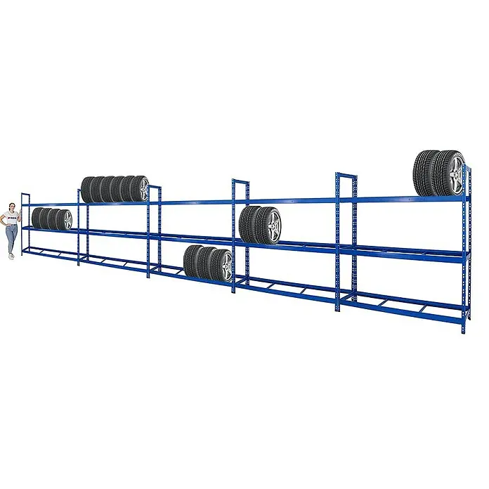 Proregal Reifenregal Mega Deal Tiger XL - Stecken, Blau - Eine lange, blaue Reifenregalstruktur mit mehreren Reifenstapeln darauf, die eine praktische Aufbewahrungslösung bietet.
