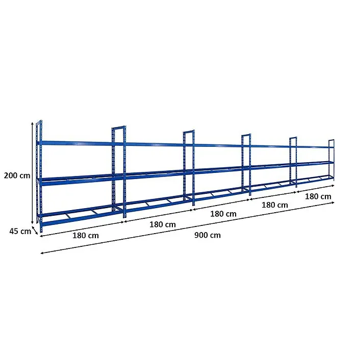 Proregal Reifenregal Mega Deal Tiger XL - Stecken, Blau - Abbildung eines blauen Schwerlastregals mit den Maßen 200 cm Höhe, 45 cm Tiefe und 900 cm Breite, ideal für Lager und Werkstatt.