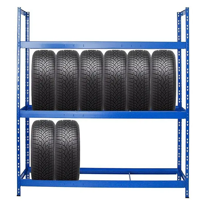 Proregal Reifenregal Mega Deal Tiger XL - Stecken, Blau - Ein blaues Reifenregal mit zwei Ebenen, die mit Winterreifen gefüllt sind. Ideal für die Lagerung von Reifen in der Werkstatt.