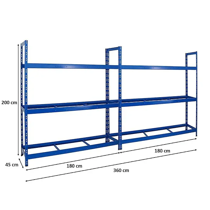 Proregal Reifenregal Mega Deal Tiger XL - Stecken, Blau - Abbildung eines blauen Lagerregals aus Metall mit den Maßen 200 cm Höhe, 45 cm Tiefe und 360 cm Breite.