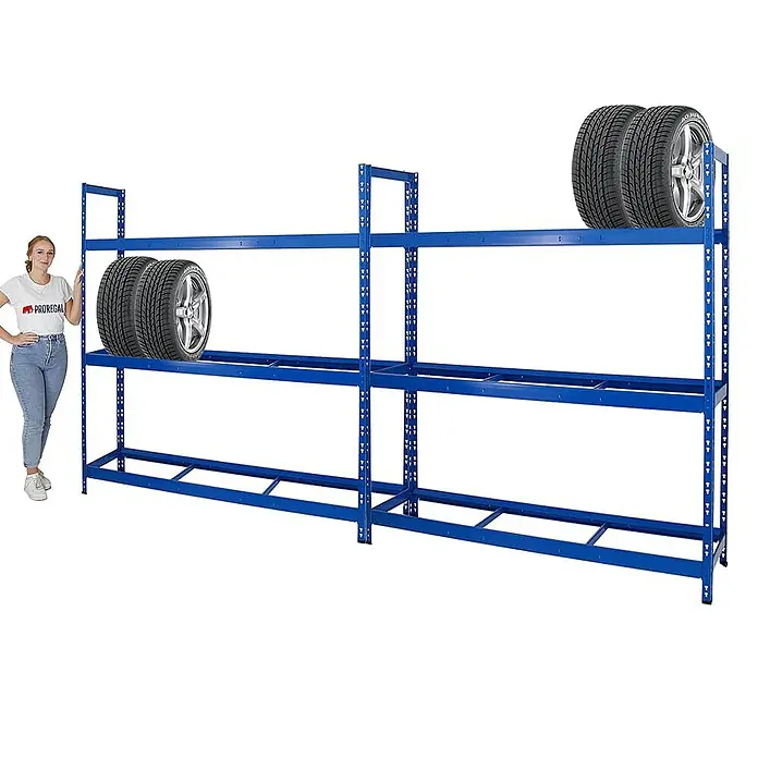 Proregal Reifenregal Mega Deal Tiger XL - Stecken, Blau - Blaues Reifenregal mit zwei Reifen auf den oberen Ebenen. Praktisch und stabil für die Lagerung von Reifen in der Garage oder Werkstatt.