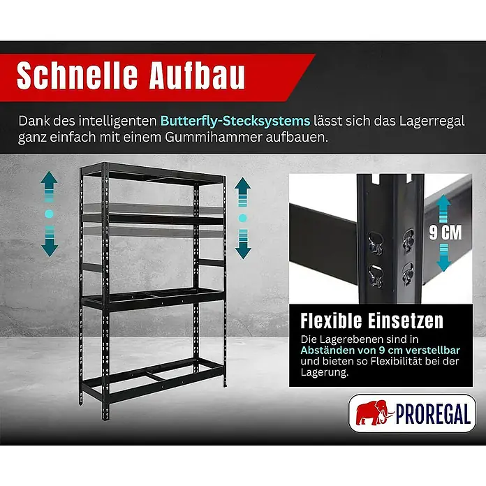 Proregal Reifenregal Tiger mit Fachboden - H x B x T: 180 x 120 x 40 cm, Stecken, Schwarz - Das Lagerregal mit dem intelligenten Butterfly-Stecksystem lässt sich einfach mit einem Gummihammer aufbauen. Flexible Regalböden im Abstand von 9 cm verstellbar.