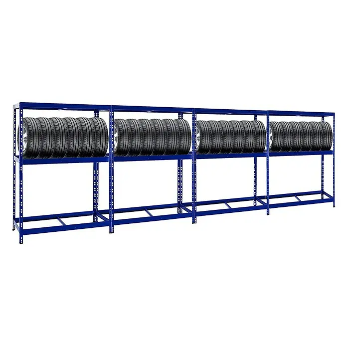 Proregal Reifenregal Mega Deal Tiger mit Fachboden - H x B x T: 180 x 130 x 50 cm, Stecken, Blau - Blaue Reifenregale voller Reifen. Ideal zur Lagerung von Sommer- und Winterreifen in der Garage oder im Lagerraum.