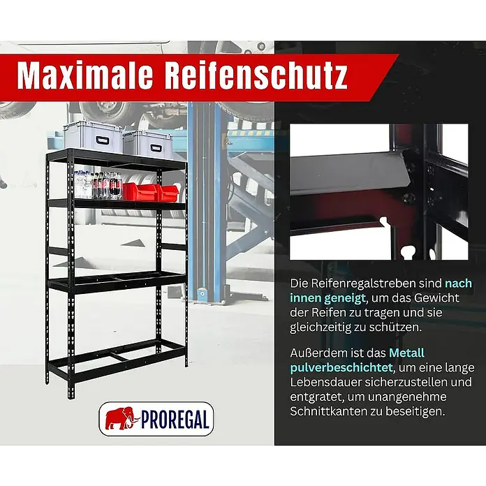 Proregal Reifenregal Tiger mit Fachboden - H x B x T: 180 x 120 x 40 cm, Stecken, Schwarz - Schwarzes Reifenregal mit fünf Regalen, auf denen Reifen und Zubehör gelagert werden können.