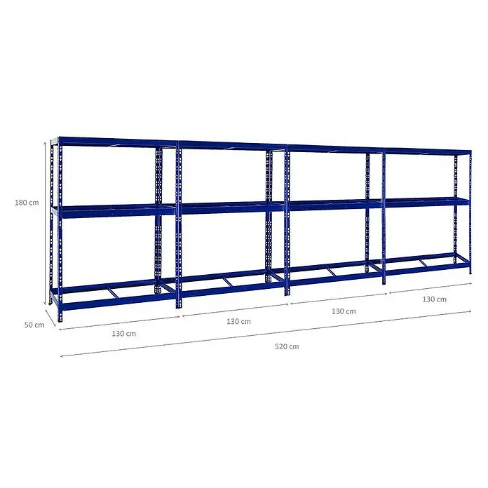 Proregal Reifenregal Mega Deal Tiger mit Fachboden - H x B x T: 180 x 130 x 50 cm, Stecken, Blau - Abbildung eines blauen Metallregalsystems mit zwei Ebenen und den Maßen 180 cm Höhe, 50 cm Tiefe und 520 cm Breite.
