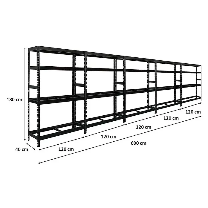 Proregal Reifenregal Mega Deal Tiger mit Fachboden - Stecken, Schwarz - Schwarzes Metallregal mit mehreren Ebenen und den Maßen 180 cm Höhe, 40 cm Tiefe und 600 cm Länge für viel Stauraum.