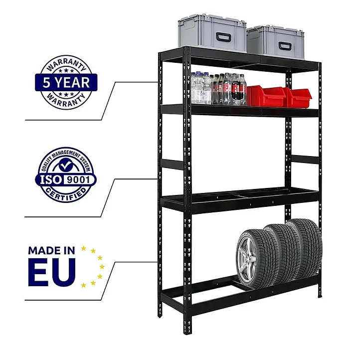 Proregal Reifenregal Mega Deal Tiger mit Fachboden - Stecken, Schwarz - Schwarzes Schwerlastregal mit fünf Ebenen, beladen mit Kästen, Flaschen, Boxen und Reifen. Mit Garantie-, ISO- und EU-Siegeln.