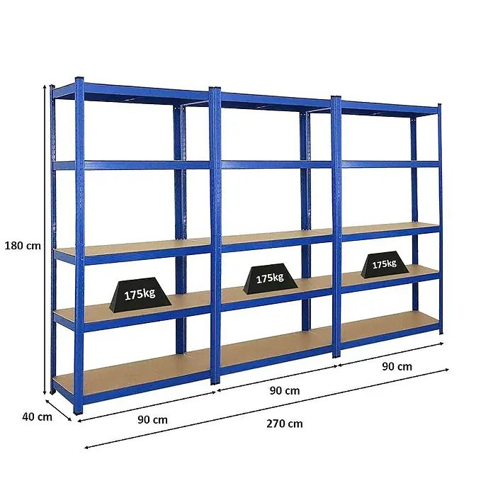 Proregal Schwerlastregal Mega Deal Ragnar - H x B x T: 180 x 90 x 40 cm, Traglast pro Boden: 175 kg, Anzahl Böden: 5 Stk., Stecken, Blau - Blaues Regal mit vier Ebenen und Gewichtsangaben, ideal für Lager und Werkstatt.