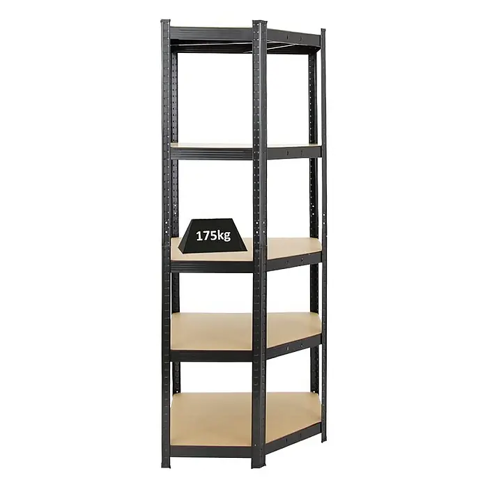 Proregal Eckregal Ragnar - H x B x T: 180 x 70 x 40 cm, Traglast pro Boden: 175 kg, Anzahl Böden: 5 Stk., Stecken, Schwarz - Bild eines schwarzen Metallregals mit beigen Einlegeböden und einer Gewichtsangabe von 175 kg auf einer Ebene.