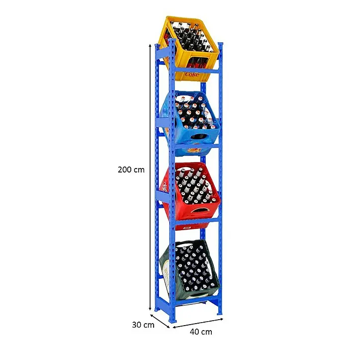 Proregal Getränkekistenregal HIGH BIG CAMEL - Traglast pro Boden: 100 kg, Anzahl Böden: 4 Stk., Stecken, Blau - Das Bild zeigt ein blaues Getränkeregal mit vier Getränkekästen in Gelb, Blau, Rot und Grün, mit Maßen von 200 cm Höhe, 30 cm Tiefe und 40 cm Breite.