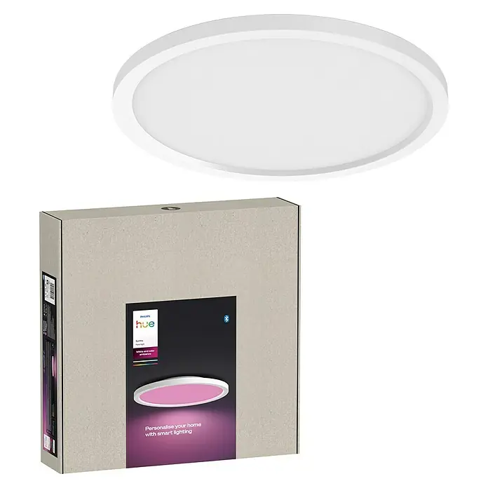 Philips Hue LED-Panel rund White & Color Ambiance Surimu - 60 W, Weiß, Opal, RGBW - Abbildung einer Philips Hue Surimu Deckenleuchte in Weiß, zusammen mit der dazugehörigen Produktverpackung.