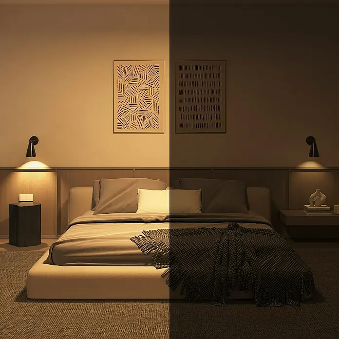 Philips Hue Smart-LED-Lampe Set Essential mit Dimmcontroller, Steuerzentrale - GU10, Dimmbar, RGBW, 345 lm, 4,7 W, 3 Stk. - Schlafzimmer mit Nachttischlampe und dekorativen Wandbildern, stimmungsvolle Beleuchtung für entspannte Abende.