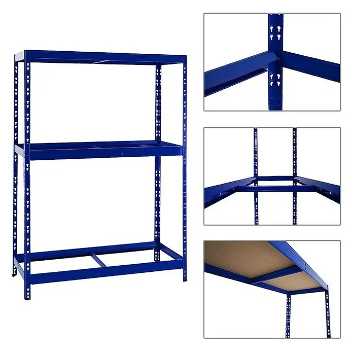 Proregal Reifenregal Mega Deal Tiger mit Fachboden - H x B x T: 180 x 130 x 50 cm, Stecken, Blau - Blaues Metallregal mit drei Ebenen für Lagerung und Organisation, inklusive Detailansichten der Konstruktion.