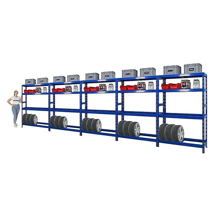 Proregal Reifenregal Mega Deal Tiger mit Fachboden - Stecken, Blau - Regal mit blauen Rahmen, voll mit Reifen und Lagerbehältern, die eine effiziente Lagerung in einer Garage oder einem Lager ermöglichen.