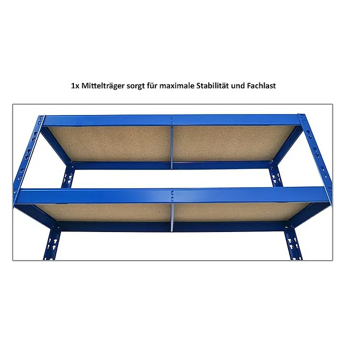 Proregal Reifenregal Mega Deal Tiger mit Fachboden - Stecken, Blau - Produktansicht: Das blaue Schwerlastregal mit zwei Holzlegeböden und einem Mittelträger sorgt für Stabilität und hohe Fachlast.