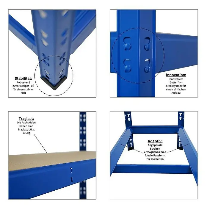 Proregal Reifenregal Mega Deal Tiger mit Fachboden - Stecken, Blau - Produktdetails: Stabilität durch robusten Fuß, innovatives Stecksystem, hohe Traglast der Fachböden und anpassbare Streben für optimale Reifenpassform.
