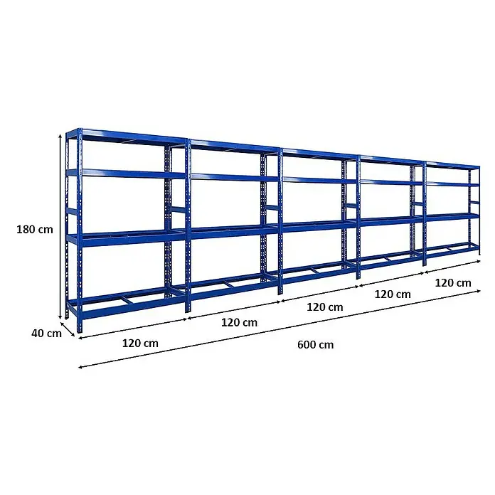 Proregal Reifenregal Mega Deal Tiger mit Fachboden - Stecken, Blau - Langes, blaues Schwerlastregal mit den Maßen 180 cm Höhe, 40 cm Tiefe und 600 cm Breite zur Lagerung von Waren.