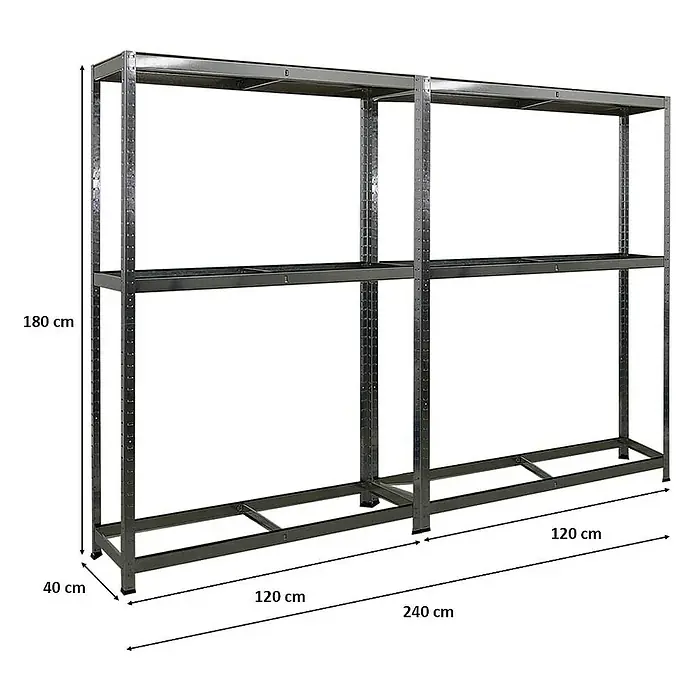 Proregal Reifenregal Mega Deal Ragnar - H x B x T: 180 x 120 x 40 cm, Stecken, Verzinkt - Produktansicht eines Metallregals mit zwei Ebenen und Maßangaben.