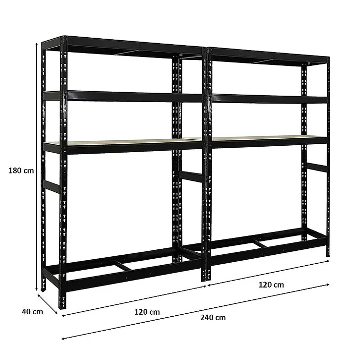 Proregal Reifenregal Mega Deal Tiger mit Fachboden - Stecken, Schwarz - Abbildung eines schwarzen Metallregals mit Holzregalböden, ideal für Lagerung und Organisation. Das Regal ist 180 cm hoch und 240 cm breit.