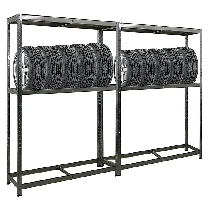 Proregal Reifenregal Mega Deal Ragnar - H x B x T: 180 x 120 x 40 cm, Stecken, Verzinkt - Reifengestell mit zwei Ebenen. Auf beiden Regalen befinden sich Reifen mit silbernen Felgen, die ordentlich angeordnet sind.