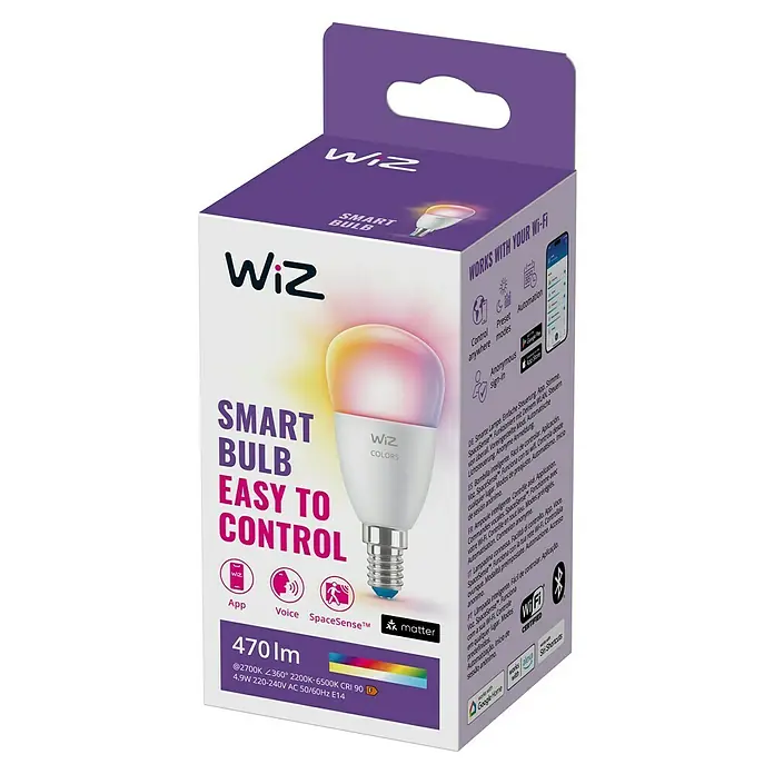 Philips Wiz Smart-LED-Lampe - E14, Dimmbar, RGBW, 470 lm, 4,9 W, 1 Stk. - Nahaufnahme der Verpackung einer WiZ Smart Bulb, die eine farbwechselnde LED-Lampe mit WLAN-Steuerung zeigt.