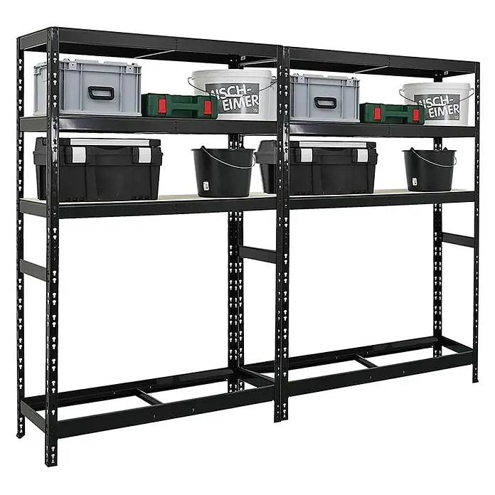 Proregal Reifenregal Mega Deal Tiger mit Fachboden - Stecken, Schwarz - Abgebildetes Schwerlastregal mit mehreren Ablagen, bestückt mit Eimern, Boxen und Werkzeugkoffern. Optimal für Werkstatt und Garage.