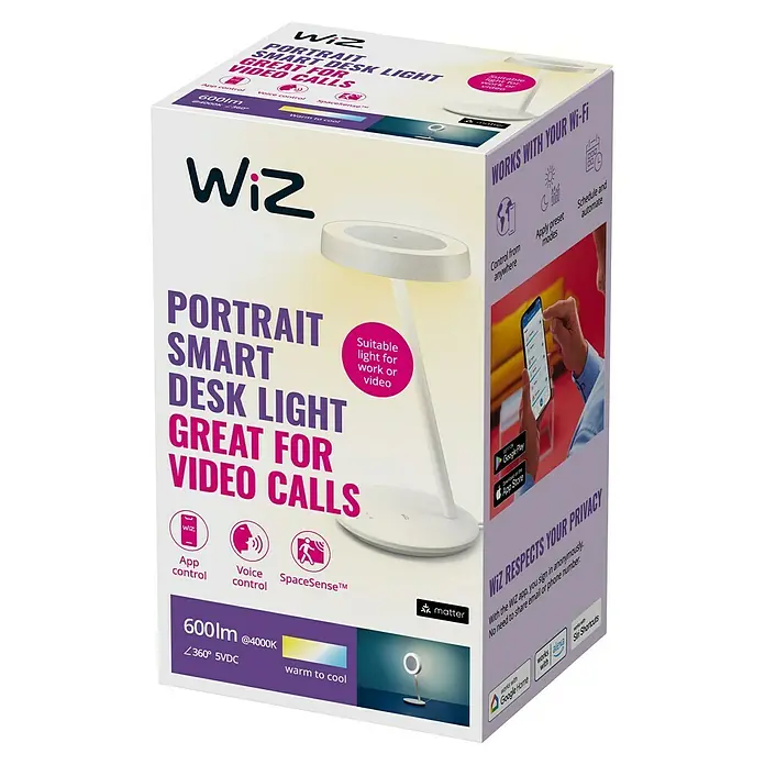 WiZ LED-Tischleuchte Portrait - 10 W, L x B x H: 20,4 x 19,5 x 38 mm, Weiß, Kaltweiß - Die WiZ Portrait Smart Schreibtischleuchte für Videoanrufe bietet App-Steuerung, Sprachsteuerung und einstellbare Farbtemperatur.