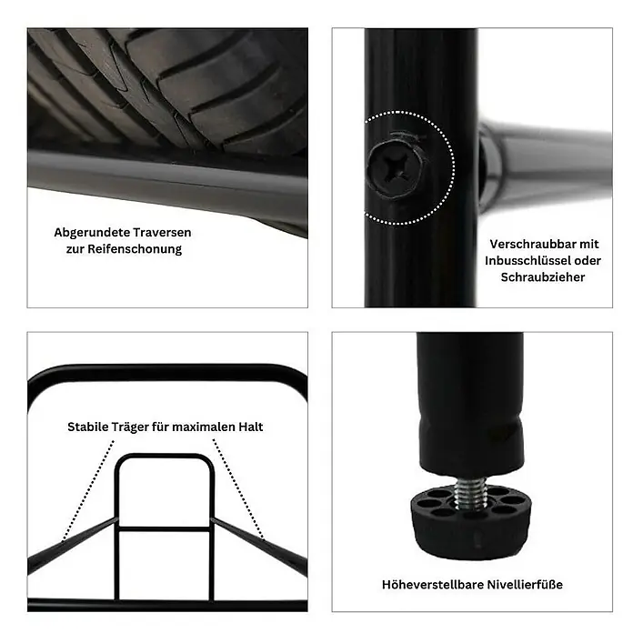 Proregal Reifenregal CARRERO - Schrauben, Schwarz - Detailansichten eines Reifenregals: Abgerundete Traversen, Schraubverbindungen, stabile Träger und höhenverstellbare Füße für optimalen Halt.