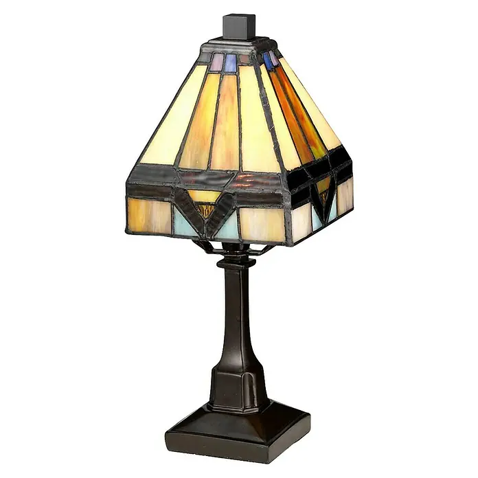 Elstead Tischleuchte Holmes Tiffany - 25 W, L x B x H: 12,5 cm x 12,5 mm x 30,5 cm, Bronze, Mehrfarbig, E14 - Diese quadratische Tiffany-Tischlampe mit ihrem markanten Design ist ein Blickfang und sorgt für stimmungsvolles Licht.