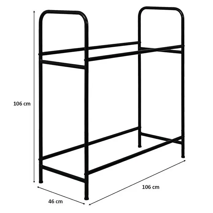 Proregal Reifenregal CARRERO - Schrauben, Schwarz - Abbildung eines schwarzen Kaminholzregals mit Abmessungen. Es ist 106 cm hoch und breit und 46 cm tief.