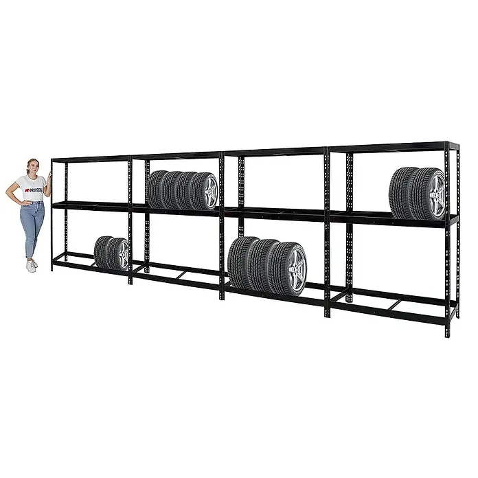 Proregal Reifenregal Mega Deal Tiger mit Fachboden - Stecken, Schwarz - Schwarzes Reifenregal mit Reifen und einer Person zur Größenordnung, ideal für Garage oder Werkstatt zur Reifenlagerung.