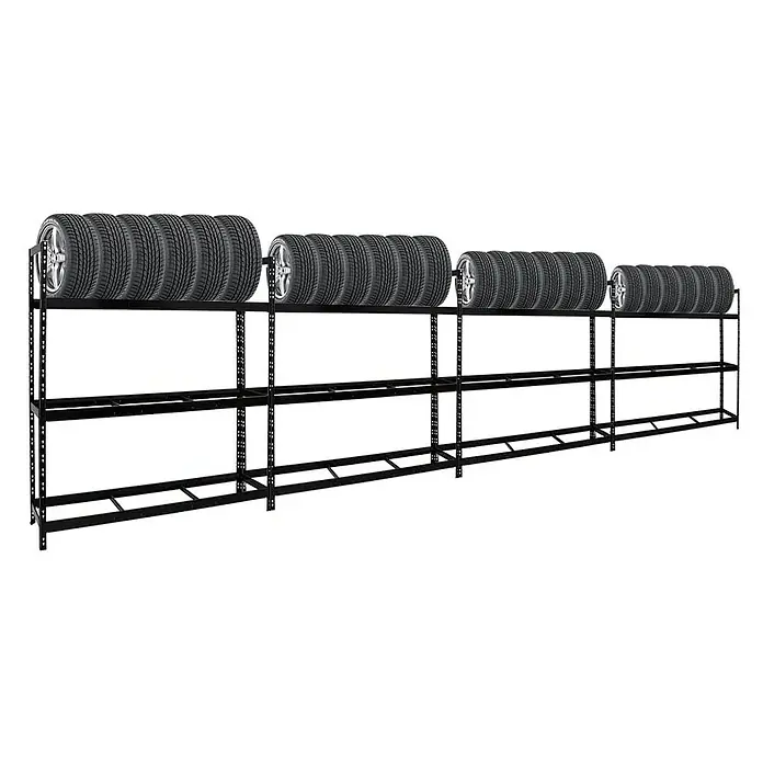 Proregal Reifenregal Mega Deal Tiger XL - Stecken, Schwarz - Ein schwarzes Reifenregal, das mit einer Reihe von Reifen auf jeder Ebene gefüllt ist, die perfekte Lösung zur Lagerung.