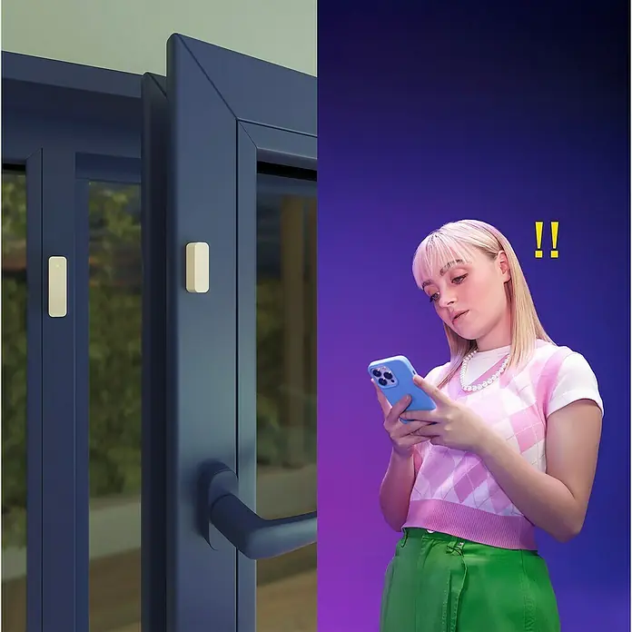Philips Wiz Funk-Fensterkontakt - Weiß, 2,25 x 2,25 x 7,65 cm, 1 Stk. - Das Bild zeigt einen Tür- und Fenstersensor, während eine Frau überrascht auf ihr Handy schaut. Intelligente Sicherheit für Ihr Zuhause.