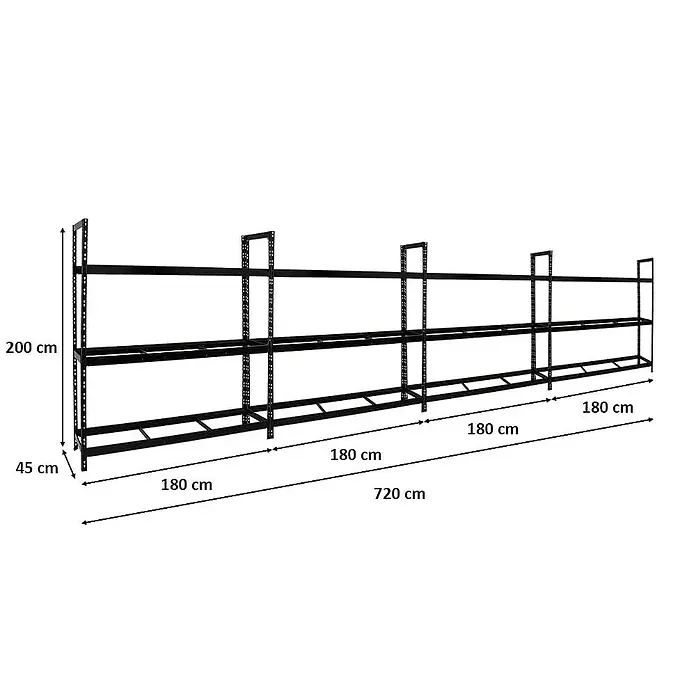 Proregal Reifenregal Mega Deal Tiger XL - Stecken, Schwarz - Abbildung eines schwarzen Metallregals mit mehreren Ebenen und Maßangaben für Höhe, Breite und Tiefe zur Veranschaulichung der Abmessungen.