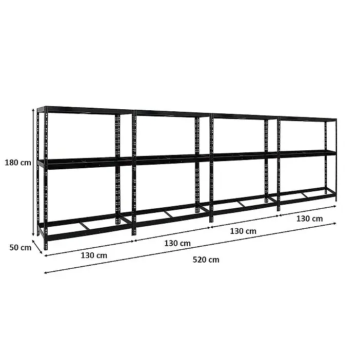 Proregal Reifenregal Mega Deal Tiger mit Fachboden - Stecken, Schwarz - Abbildung eines schwarzen Metallregals mit zwei Regalebenen und den Maßen 180 cm hoch, 520 cm breit und 50 cm tief.