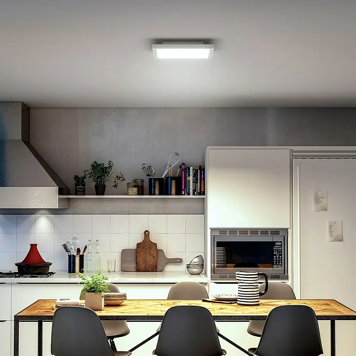 Philips Hue LED-Panel Auerelle - 19 W, L x B x H: 30 x 30 x 4,8 cm, Warmweiß - Helle Deckenleuchte im modernen Küchendesign. Die Leuchte sorgt für eine gleichmäßige Ausleuchtung des Raumes und schafft eine angenehme Atmosphäre.