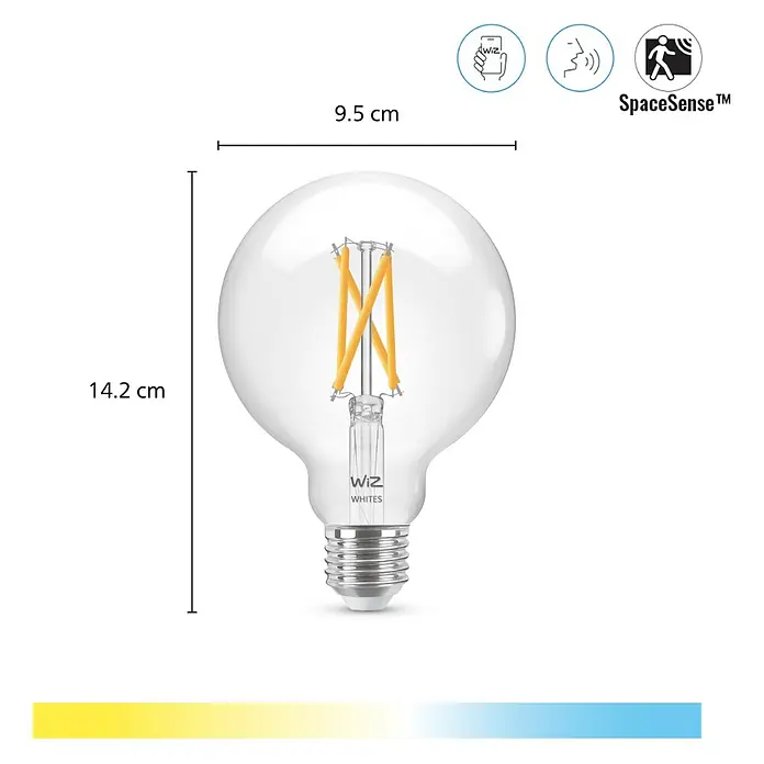 Philips Wiz Smart-LED-Lampe - E27, Dimmbar, Mehrfarbig, 806 lm, 6,7 W, G95 - Produktbild einer klaren WiZ Whites Glühbirne mit Abmessungen, die ihre smarte Technologie hervorheben.
