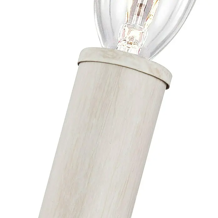 Elstead Wandleuchte Hartsville - 40 W, L x B x H: 10,2 x 11,4 x 19,4 cm, Weiß, E14 - Detailaufnahme einer stilvollen Tischleuchte mit Holzfuß und Glühbirne, die warmes Licht ausstrahlt.\n