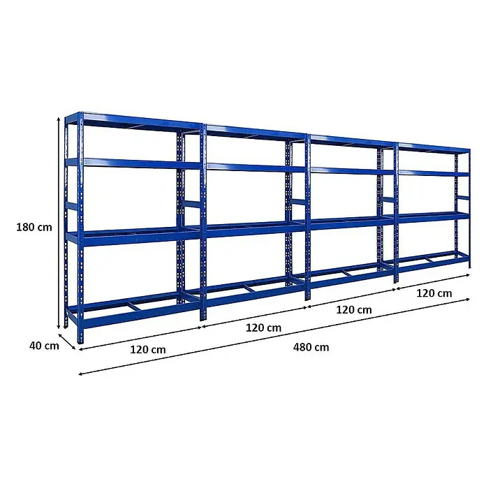 Proregal Reifenregal Mega Deal Tiger mit Fachboden - H x B x T: 180 x 120 x 40 cm, Stecken, Blau - Regal mit vier Etagen und blauer Metallkonstruktion zur Aufbewahrung und Organisation von Gegenständen.