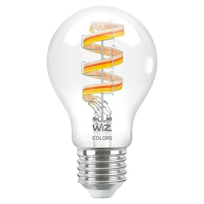 Philips Wiz Smart-LED-Lampe - E27, Dimmbar, RGBW, 470 lm, 6,3 W, 1 Stk., A60 - Das Bild zeigt eine WiZ Colors Glühbirne mit einem einzigartigen, spiralförmigen LED-Filament. Eine stilvolle und energieeffiziente Beleuchtungslösung.