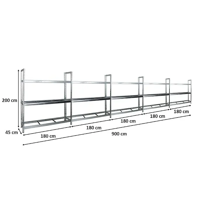 Proregal Reifenregal Mega Deal Tiger XL - Stecken, Verzinkt - Abbildung eines langen, modularen Regalsystems mit mehreren Ebenen, ideal für Lagerung und Organisation.