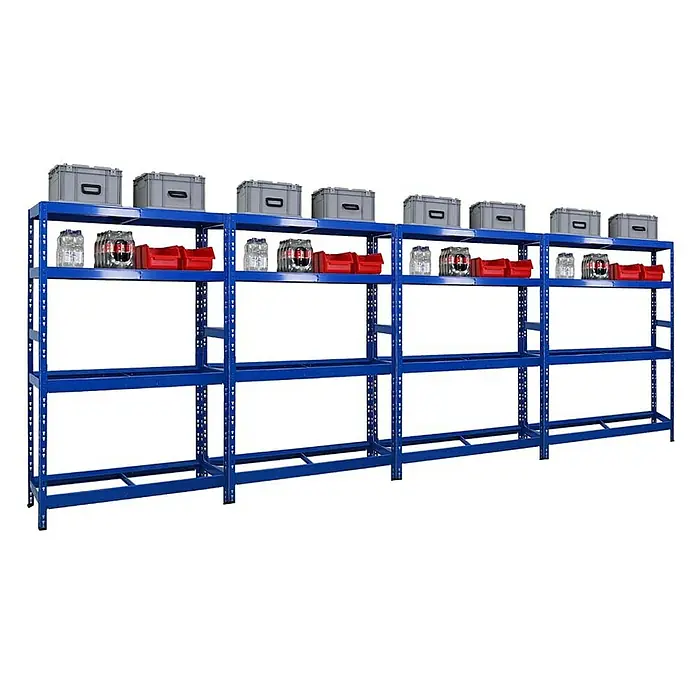 Proregal Reifenregal Mega Deal Tiger mit Fachboden - H x B x T: 180 x 120 x 40 cm, Stecken, Blau - Blaues Schwerlastregal mit drei Ebenen, beladen mit Behältern und Getränken. Ideal für Lager und Werkstatt.