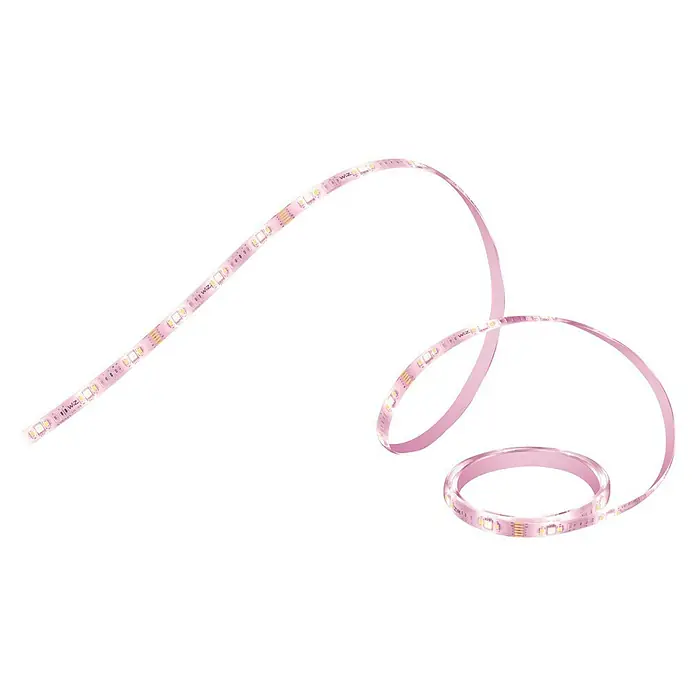 Philips Wiz Smart-LED-Band - Länge: 2 m, RGBW, 20 W, 1.600 lm - Nahaufnahme eines flexiblen LED-Lichtstreifens mit geringer Tiefenschärfe, der sich in verschiedenen Kurven windet und ein stimmungsvolles Licht erzeugt.