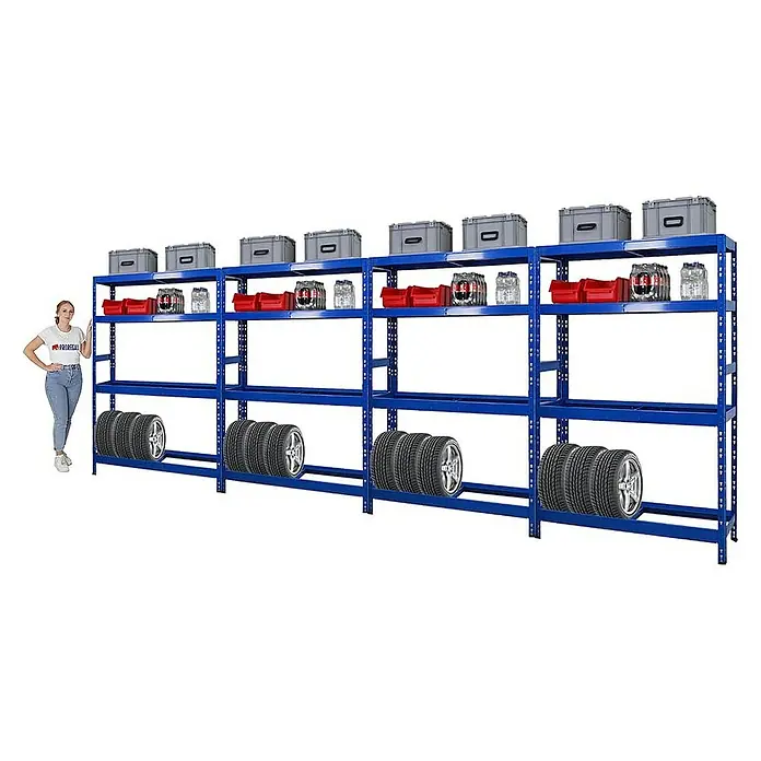 Proregal Reifenregal Mega Deal Tiger mit Fachboden - H x B x T: 180 x 120 x 40 cm, Stecken, Blau - Regal mit Reifen, roten Behältern, Getränkepackungen und grauen Boxen. Praktische Lagerlösung für Garage oder Keller.