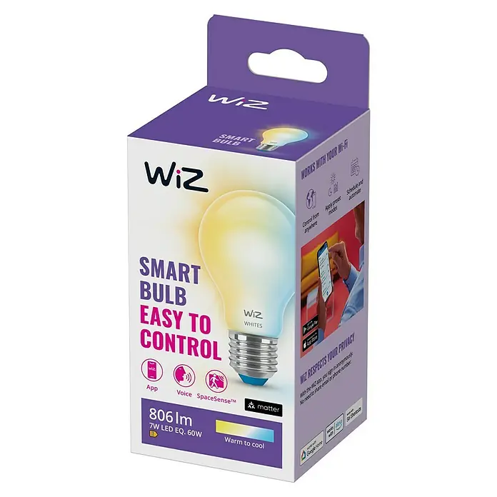 Philips Wiz Smart-LED-Lampe - E27, Dimmbar, Mehrfarbig, 806 lm, 7 W, 1 Stk. - Das Bild zeigt die Verpackung einer smarten Glühbirne von WiZ. Die Glühbirne ist einfach zu steuern und bietet warmes bis kühles Licht.