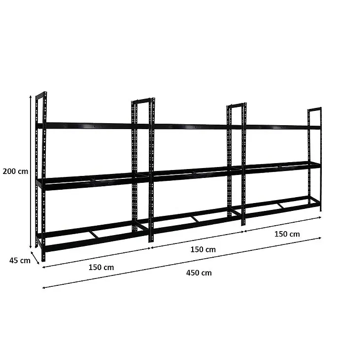 Proregal Reifenregal Mega Deal Tiger XL - Stecken, Schwarz - Das Bild zeigt ein schwarzes Schwerlastregal mit drei Ebenen, das eine Höhe von 200 cm und eine Breite von 450 cm hat.