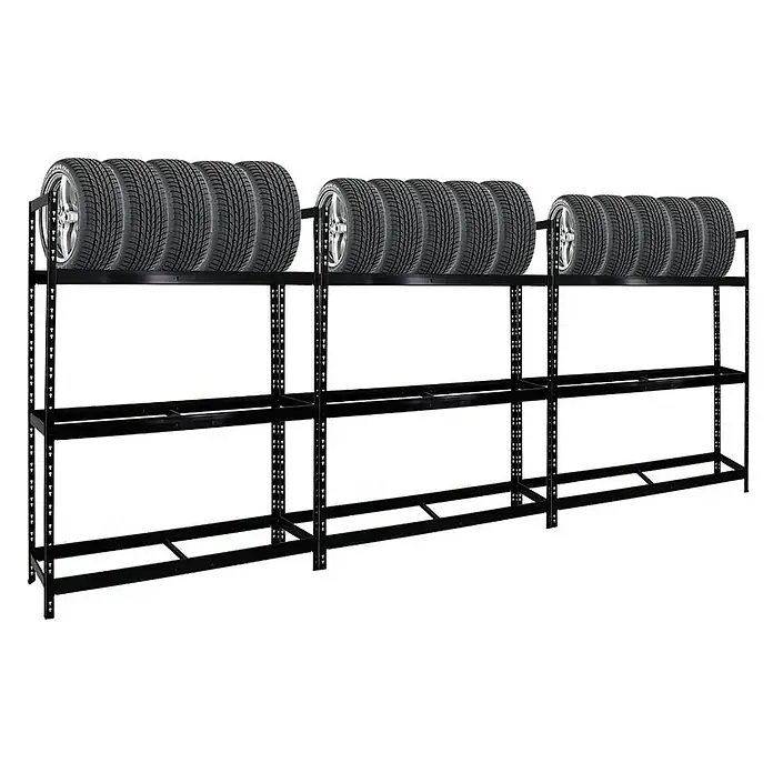 Proregal Reifenregal Mega Deal Tiger XL - Stecken, Schwarz - Reifenregal mit Reifen. Das Regal ist schwarz und hat zwei Ebenen für die Lagerung von Reifen in einer Garage oder Werkstatt.